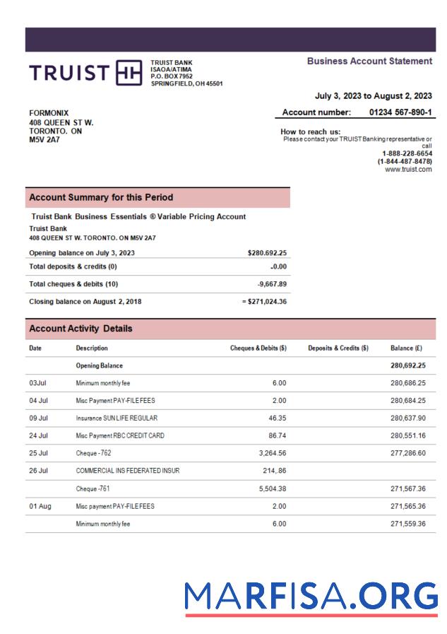 Realistic Truist Bank enterprise account statement Word and PDF template